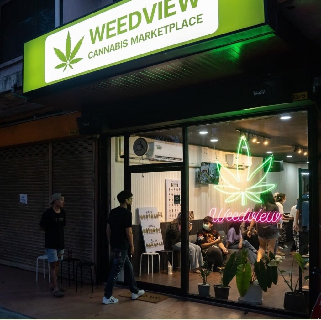 weedview dispensary storefront at night