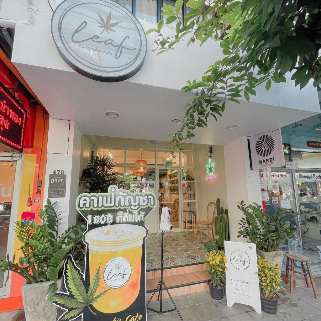 cafe storefront with cannabis advertising street view