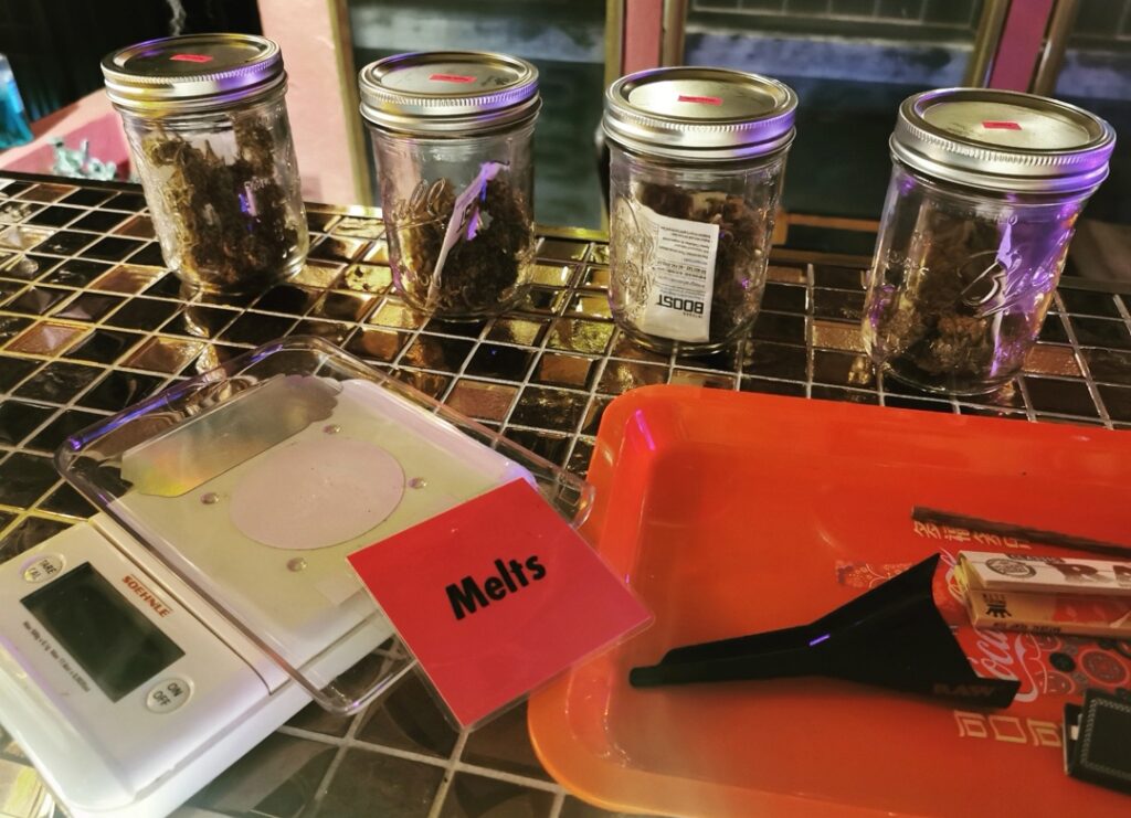 Cannabis and rolling tray at Melts Bangkok