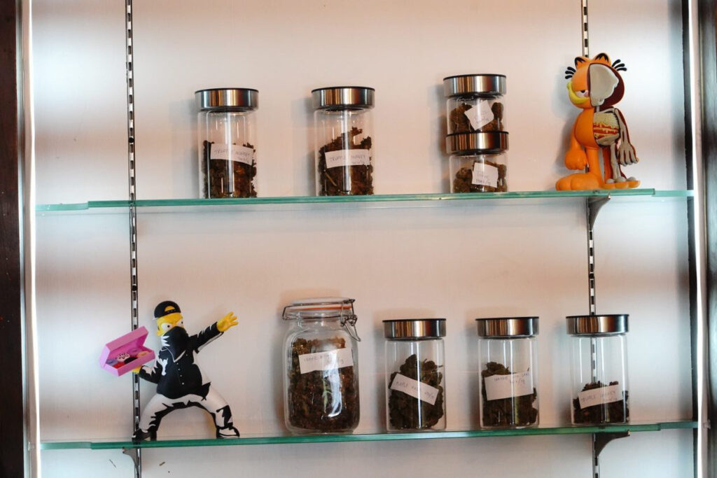 Cannabis in jars on wall