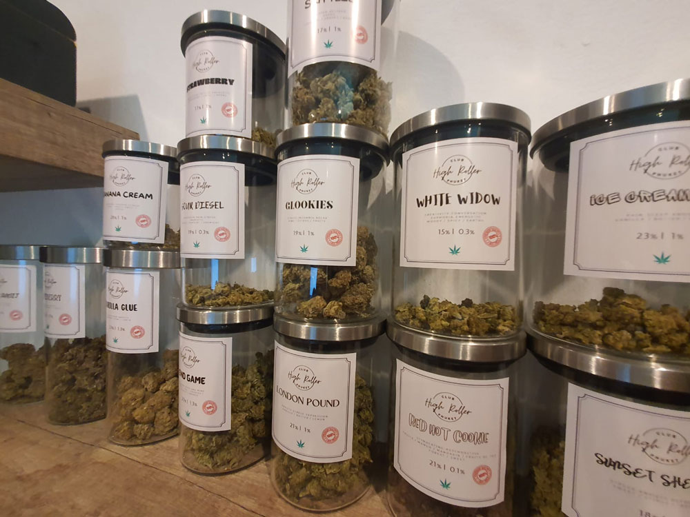 Cannabis jars at High Roller Club Phuket