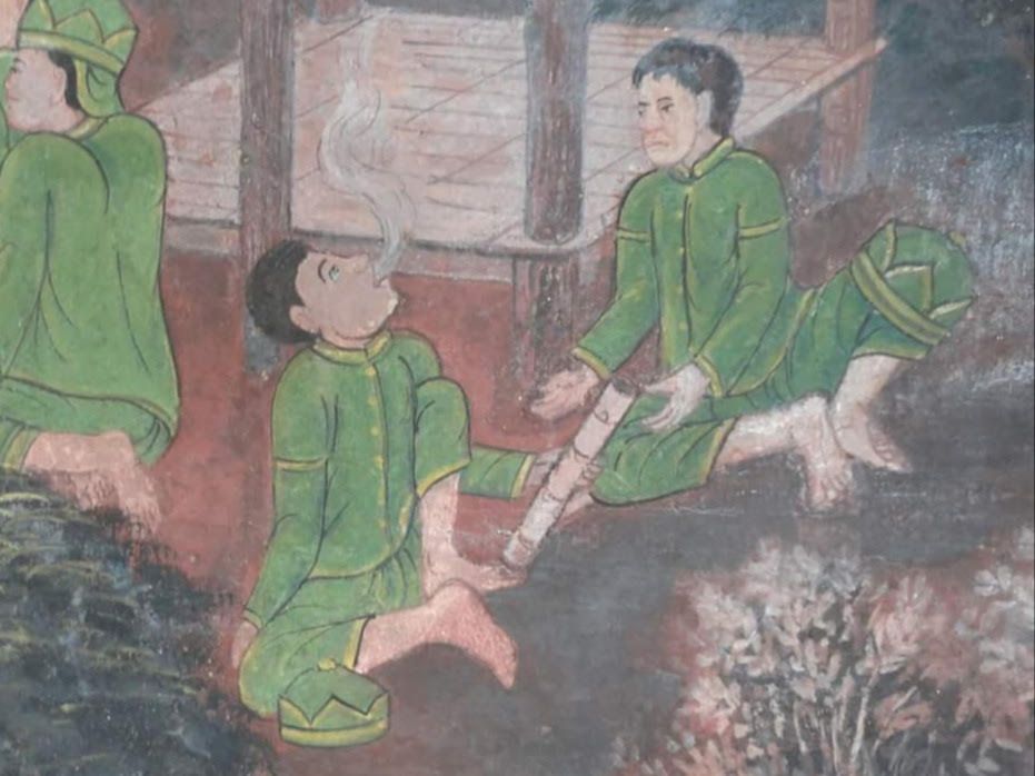 people smoking cannabis out of bongs in historic Thailand