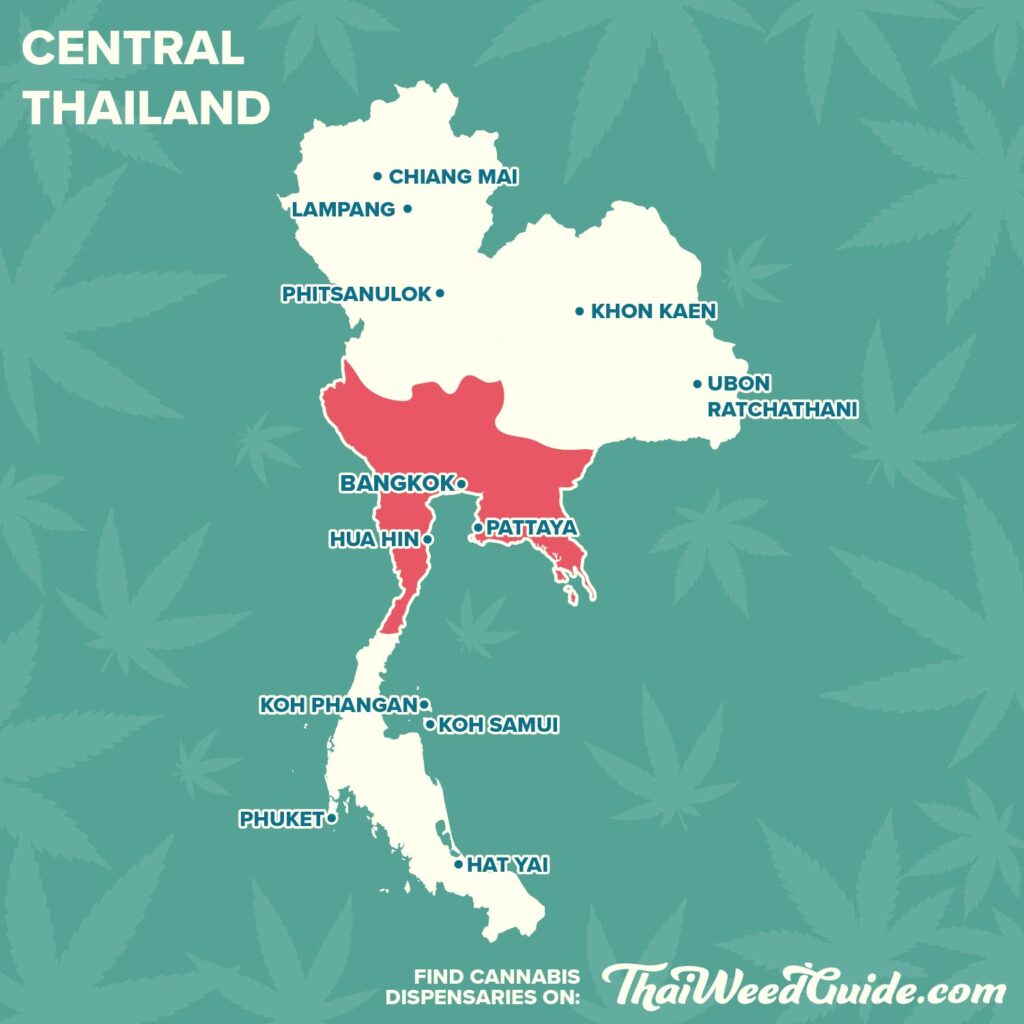 Map showing the central region of Thailand with Bangkok, Pattaya, Hua Hin and more.