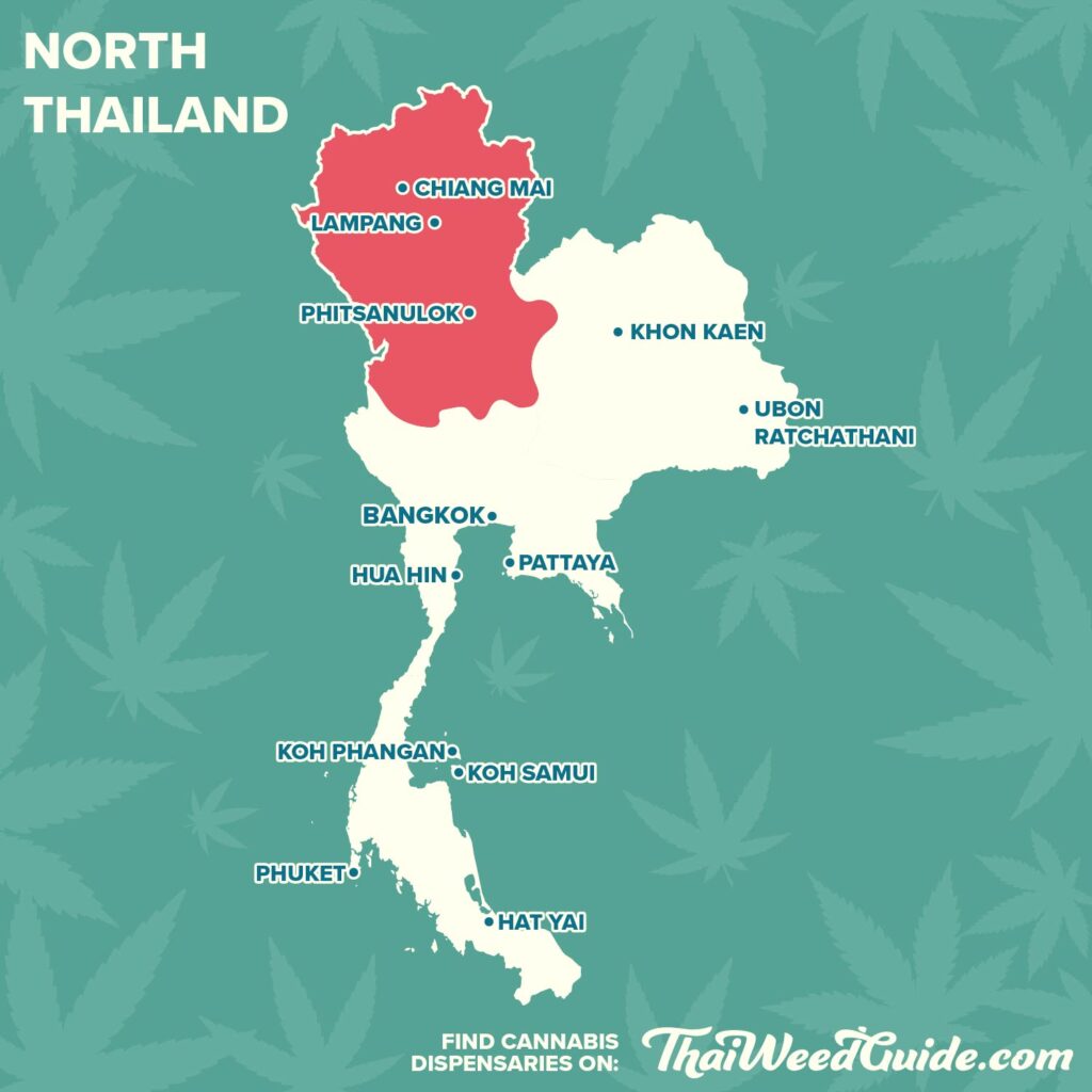 Map showing the northern region of Thailand with Chiang Mai, Chiang Rai, Lampang and more.