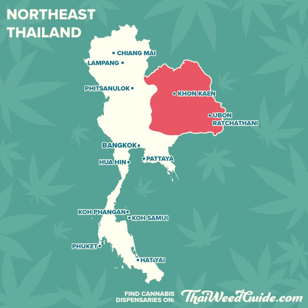 Map showing the northeastern region of Thailand with Khon Kaen and Ubon Ratchathani.