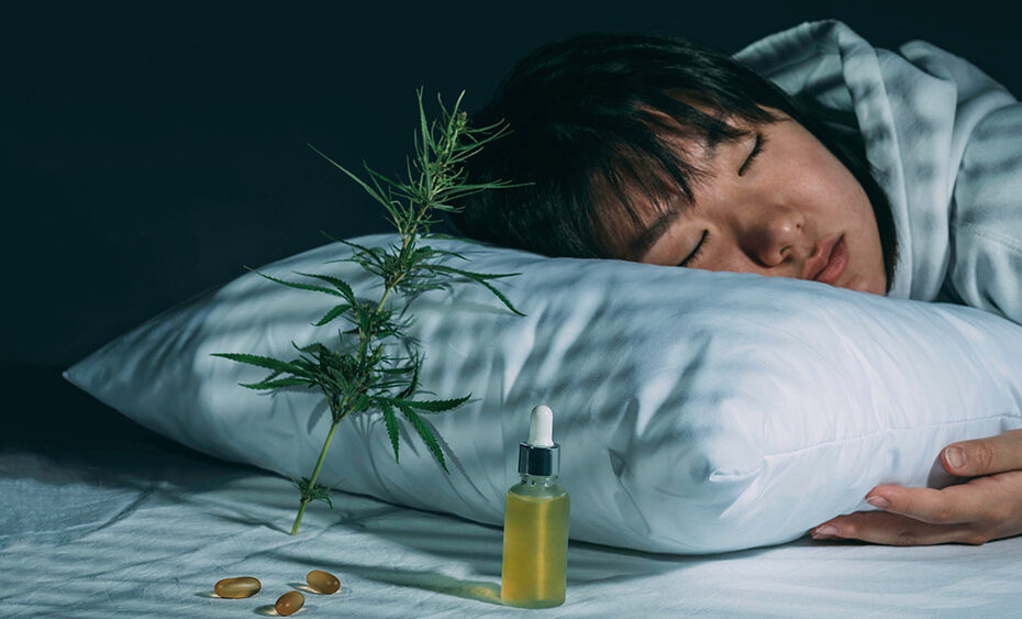 Woman sleeping next to CBD medicine in Thailand