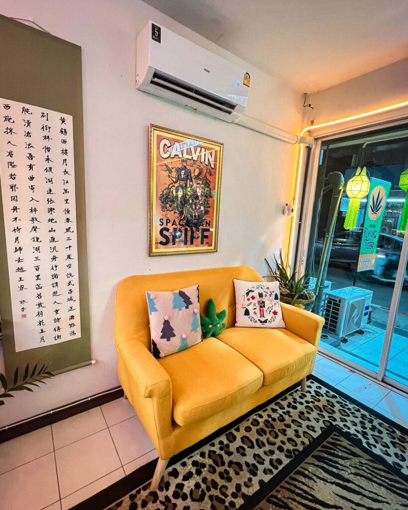 Couch and entrance of Flying Tiger weed dispensary