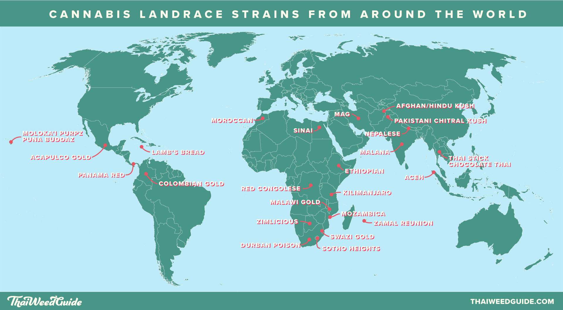 World map showing the origins of most cannabis landrace strains.