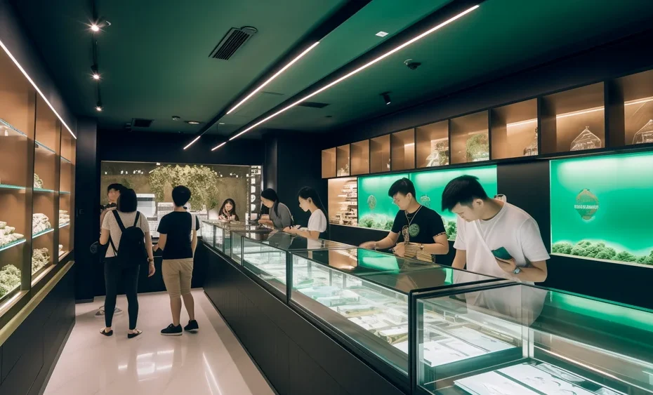 Inside a cannabis dispensary in Thailand. AI generated