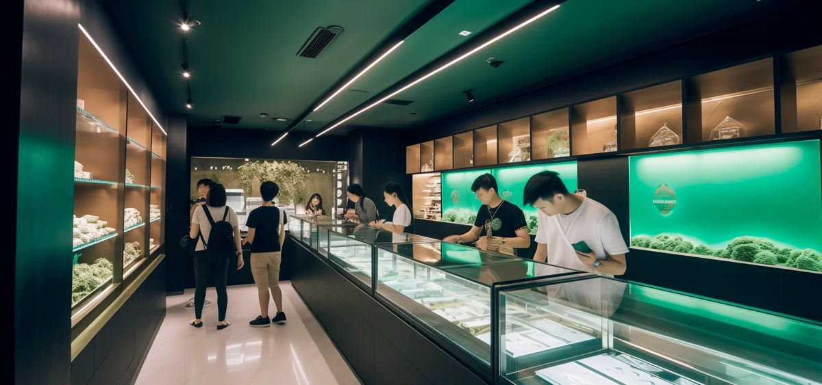 Inside a cannabis dispensary in Thailand. AI generated