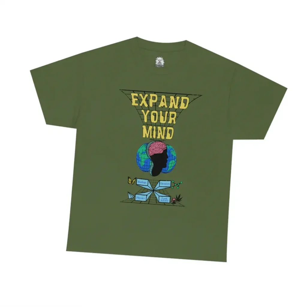 Green t-shirt from Bored Teenager with the text Expand Your Mind and a graphic.