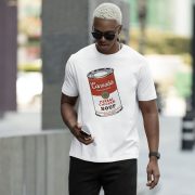 cannabis-soup-shirt Man wearing a Cannabis Campbells soup parody shirt with 420 friendly references.