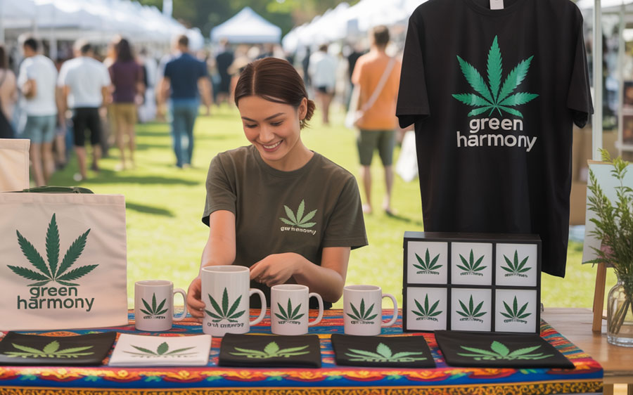 A Thai vendor displaying cannabis-themed merchandise like mugs and shirts at a community market event.