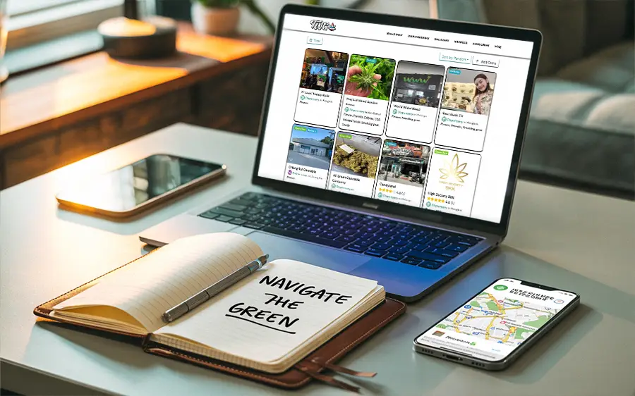 Laptop and phone displaying cannabis listings and maps in Thailand, with a notebook showing SEO planning.