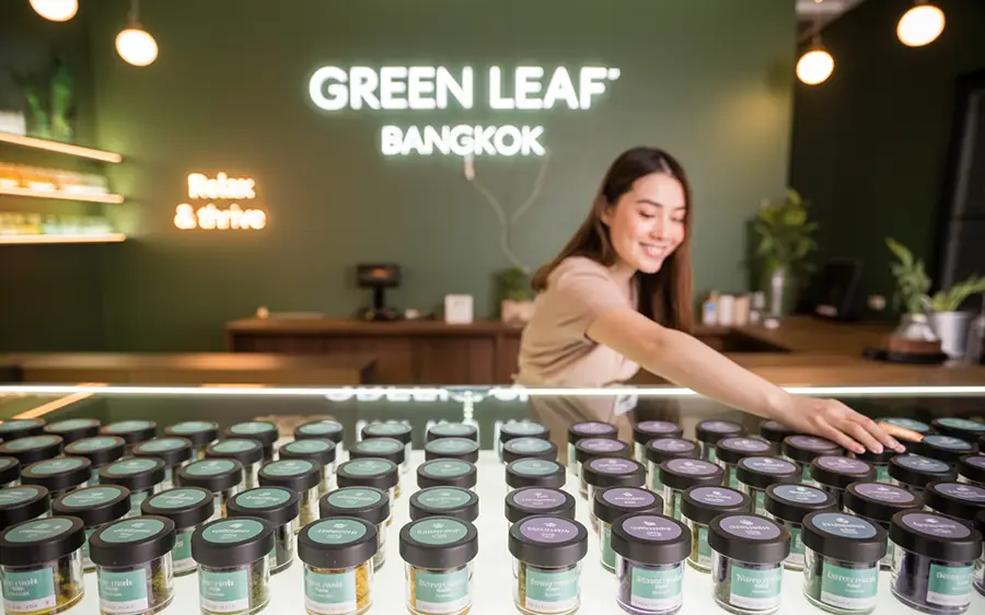A smiling staff member organizing jars of cannabis flower in a well-lit, licensed dispensary in Bangkok.
