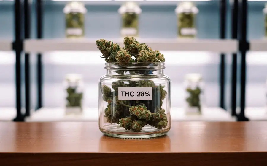 A glass jar of THC-rich cannabis buds at a licensed dispensary in Thailand.