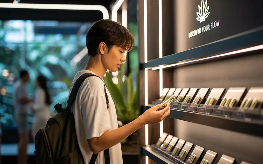 A tourist browsing pre-roll options in a modern Thai cannabis store.