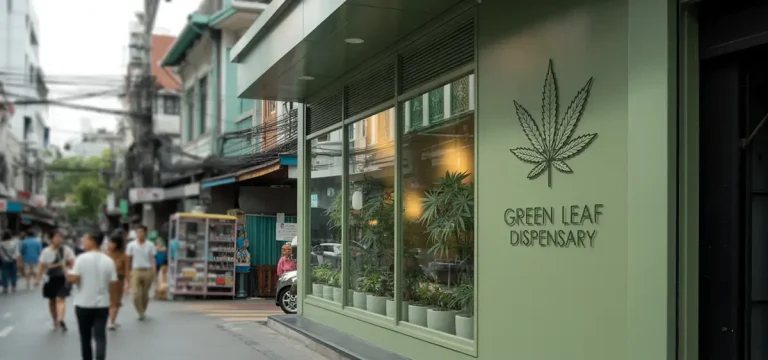 A discreet Thai cannabis dispensary storefront with minimalist signage in a busy Bangkok street.
