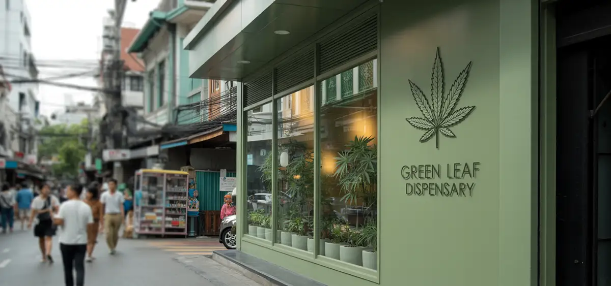 A discreet Thai cannabis dispensary storefront with minimalist signage in a busy Bangkok street.