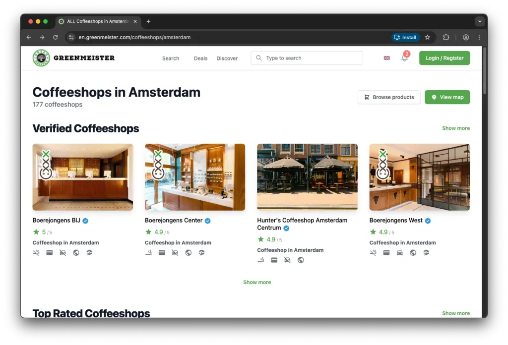 Greenmeister directory showing coffeeshops in Amsterdam with ratings, shop details, and map options